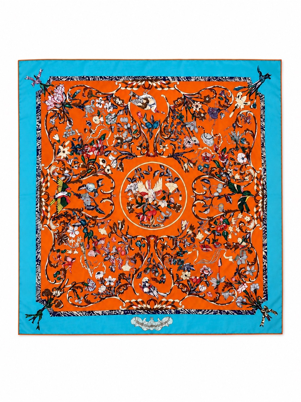 Hermes Orange and Turquoise Silk Scarf with Floral Motif - rare vintage